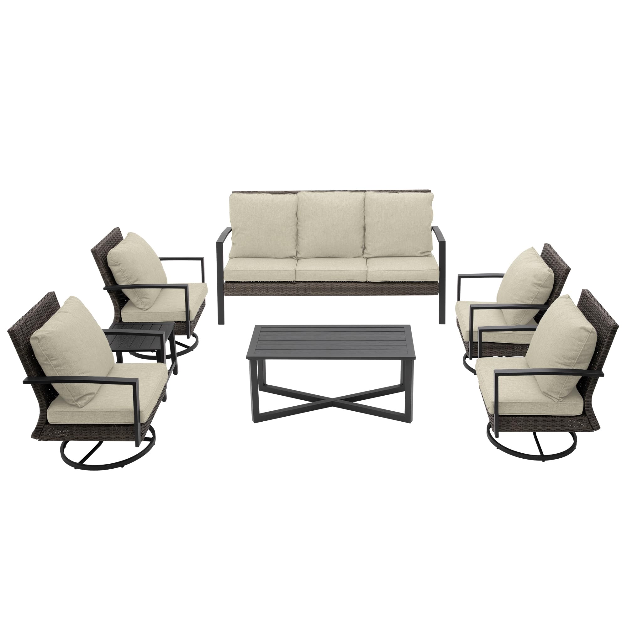 RoyalCraft 7PCS Rattan Patio Conversation Set with Swivel Chair and Coffee Table, All Weather Outdoor Sofa with Removable Cushions & Metal Frame, Rocking Chairs for Lawn Garden Backyard, Beige