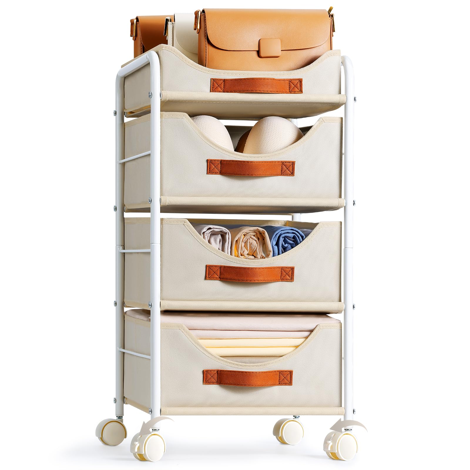 DIMJ Clothes Drawer 4 Tier - Fabric Closet Drawer System Easy Pull, Portable Closet Drawers for Clothes with Wheels, Small Closet Organizer & Replacement Drawers for Bedrooms, Office, Nursery, Beige