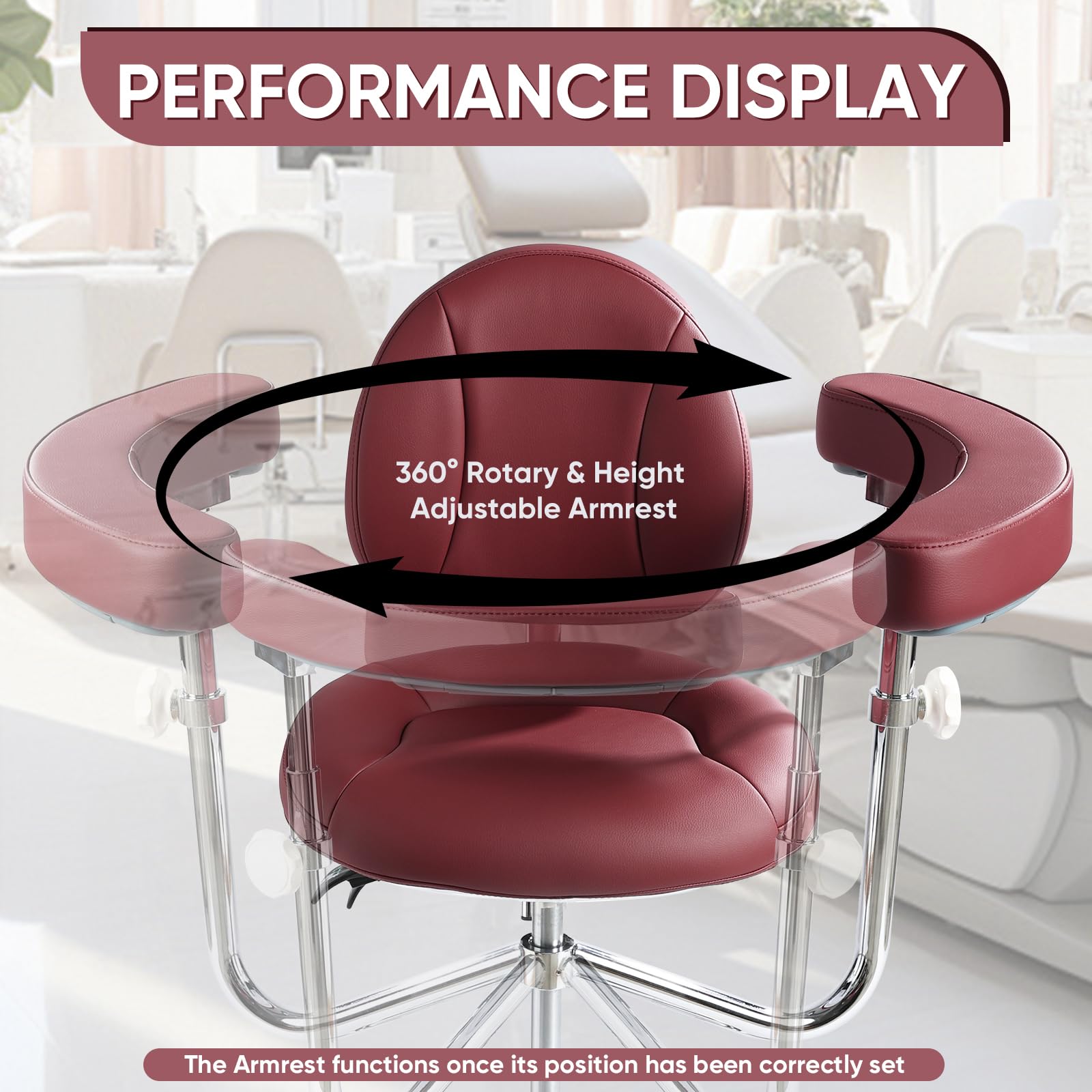 Viviange Ergonomic Dental Saddle Stool - Adjustable Rolling Dentist Chair with Back Support for Hygienists, Assistants - Medical Office & Salon Use -Red