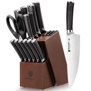 brodark kitchen knife set, ultra sharp 15 pcs knife set with block, full tang chef knife set, high carbon stainless steel knife block set with sharpener, wooden handle