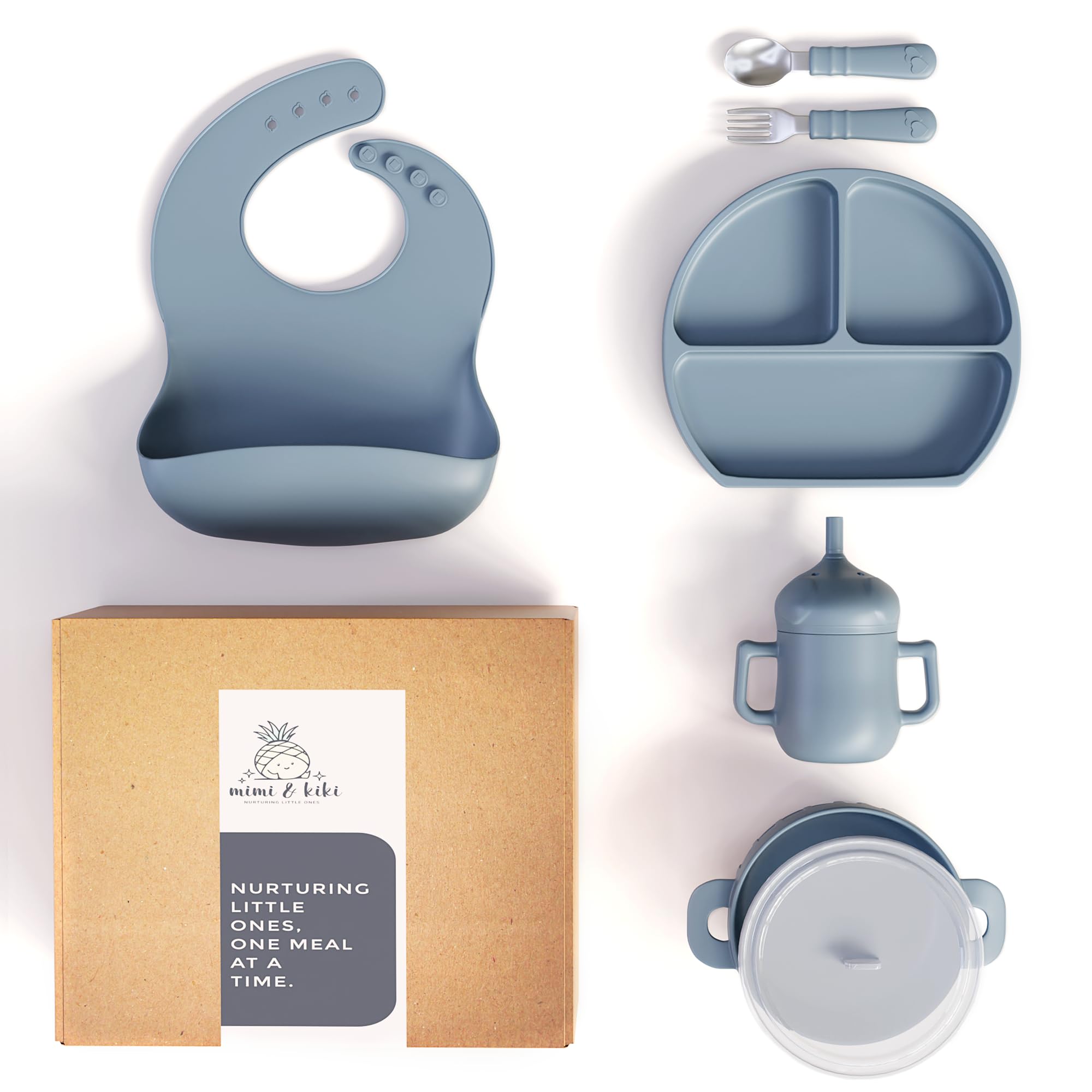 mimi & kiki BPA-Free Silicone Baby Feeding Set, Baby Plates and Bowls Set, Baby Led Weaning Supplies, Silicone Suction Plate, Baby Utensils, Bib and Cup, Self Feeding, Dishwasher Safe (Blue)