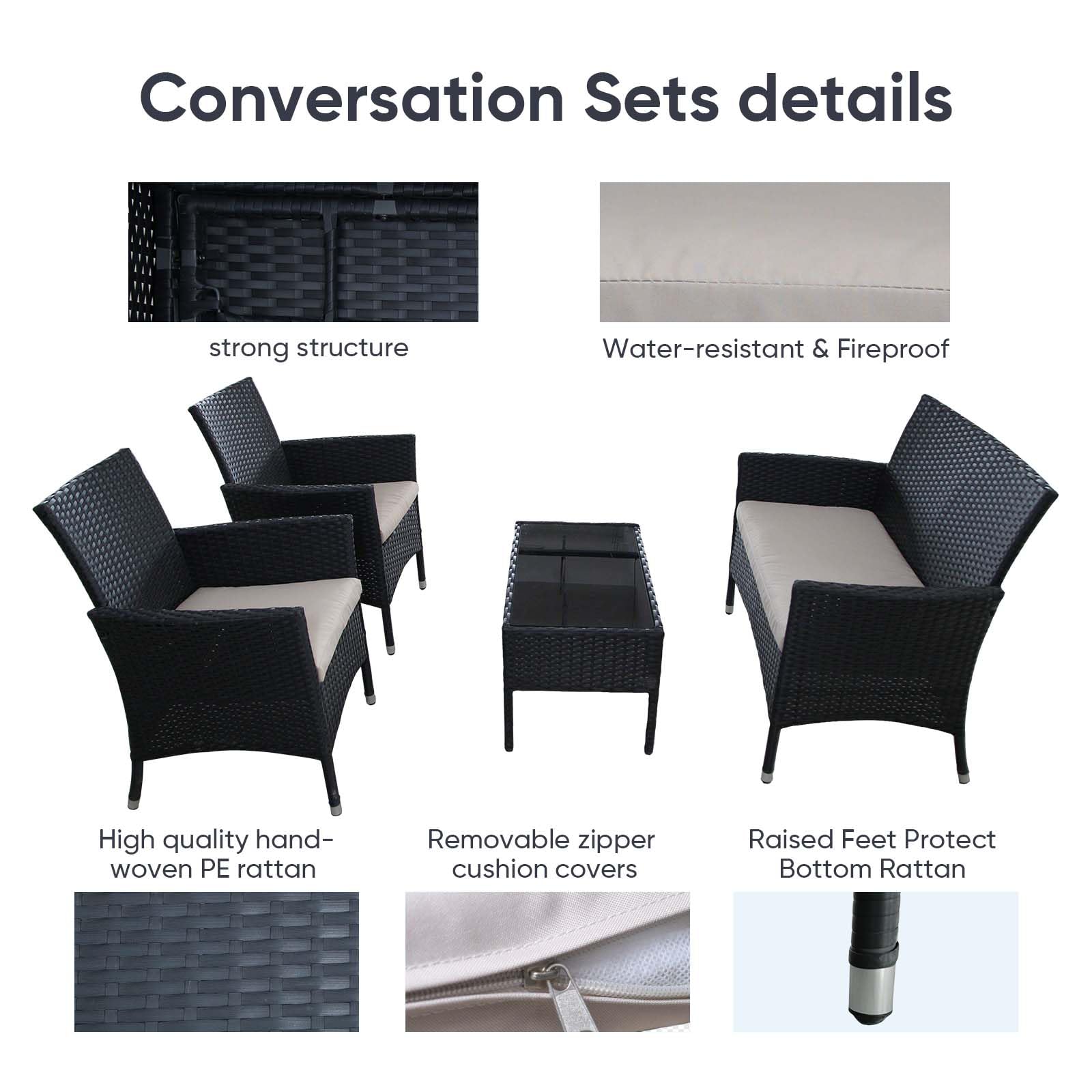 XZHQHB Patio Furniture Set of 4 Wicker Conversation Set with Soft Cushion Sofa Set Porch Outdoor PE Rattan Garden Chairs Sets with Tempered Glass Top Coffee Table, Black and Beige