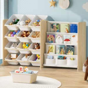 experlam kids toy storage organizer - toy organizer with kids bookshelf, toy storage with 12 toy white bins and 4 book shelves, toy organizers and storage for playroom, nursery, kids room, burlywood