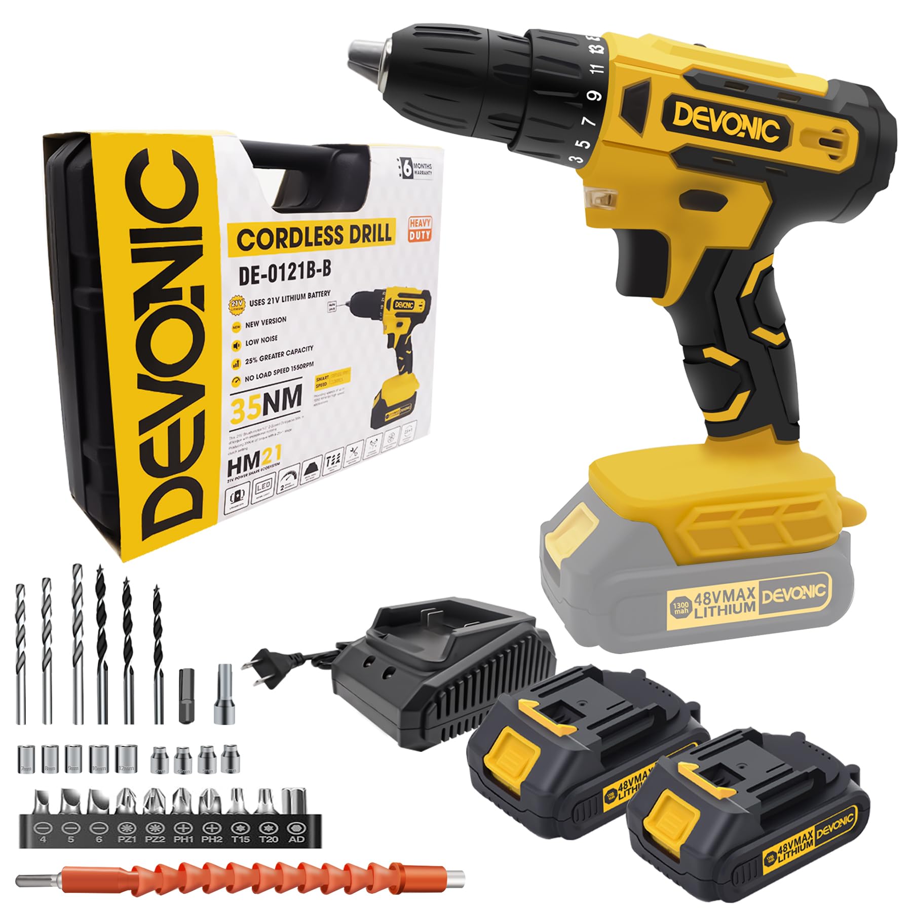 DEVONIC Cordless Drill Set,21V Electric Drill with 2 Lithium Battery and Charger,3/8"Keyless Chuck,25+1 Torque Setting and 28pcs Drill Screwdriver Bits