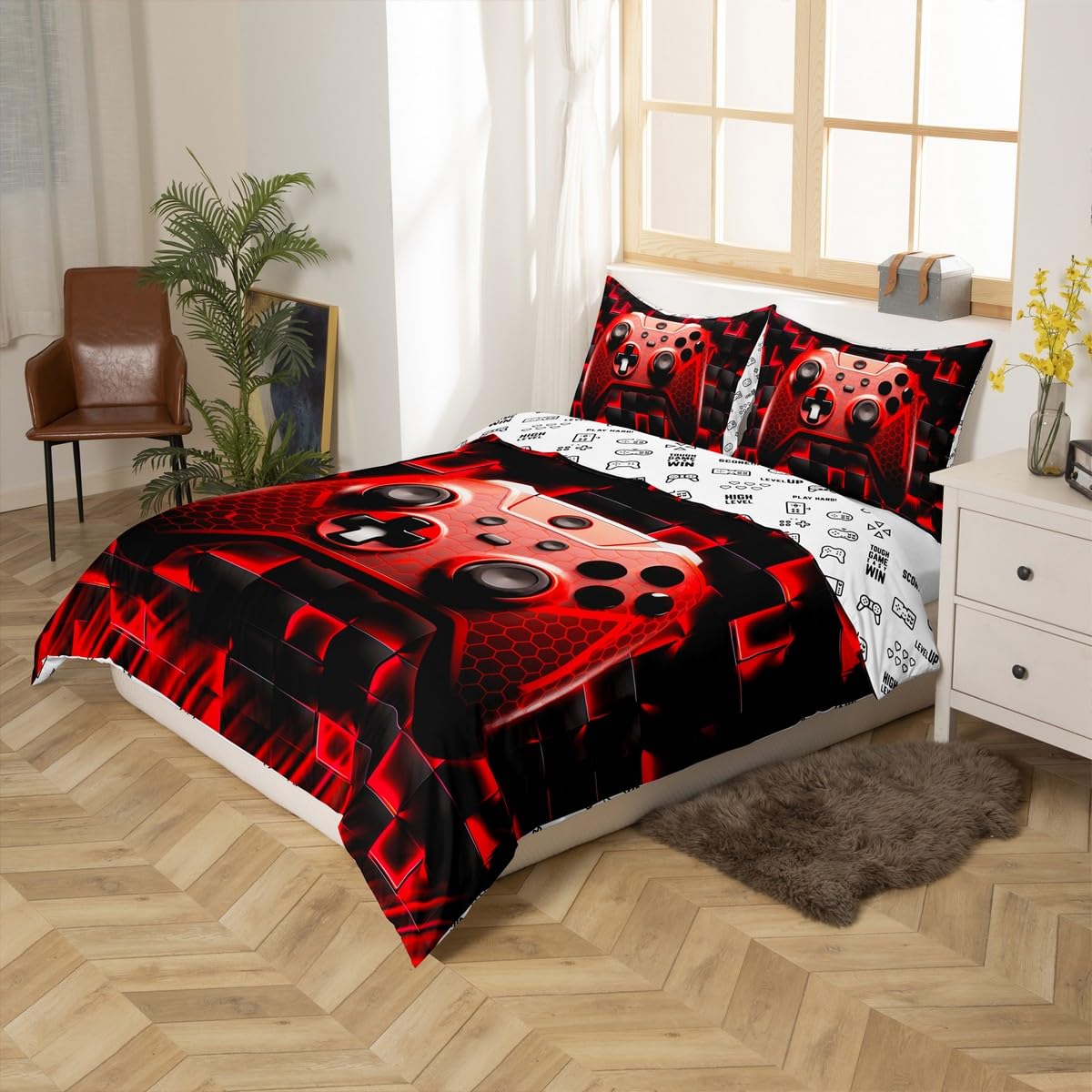 Geometric Gamepad Kids Duvet Cover Set Queen Size,Honeycomb Squares Grids Ombre Gamers Bedding Set,Boys Men Room Decor,Gaming Videogame Controller Comforter Cover,Red Quilt Cover,2 Pillowcases