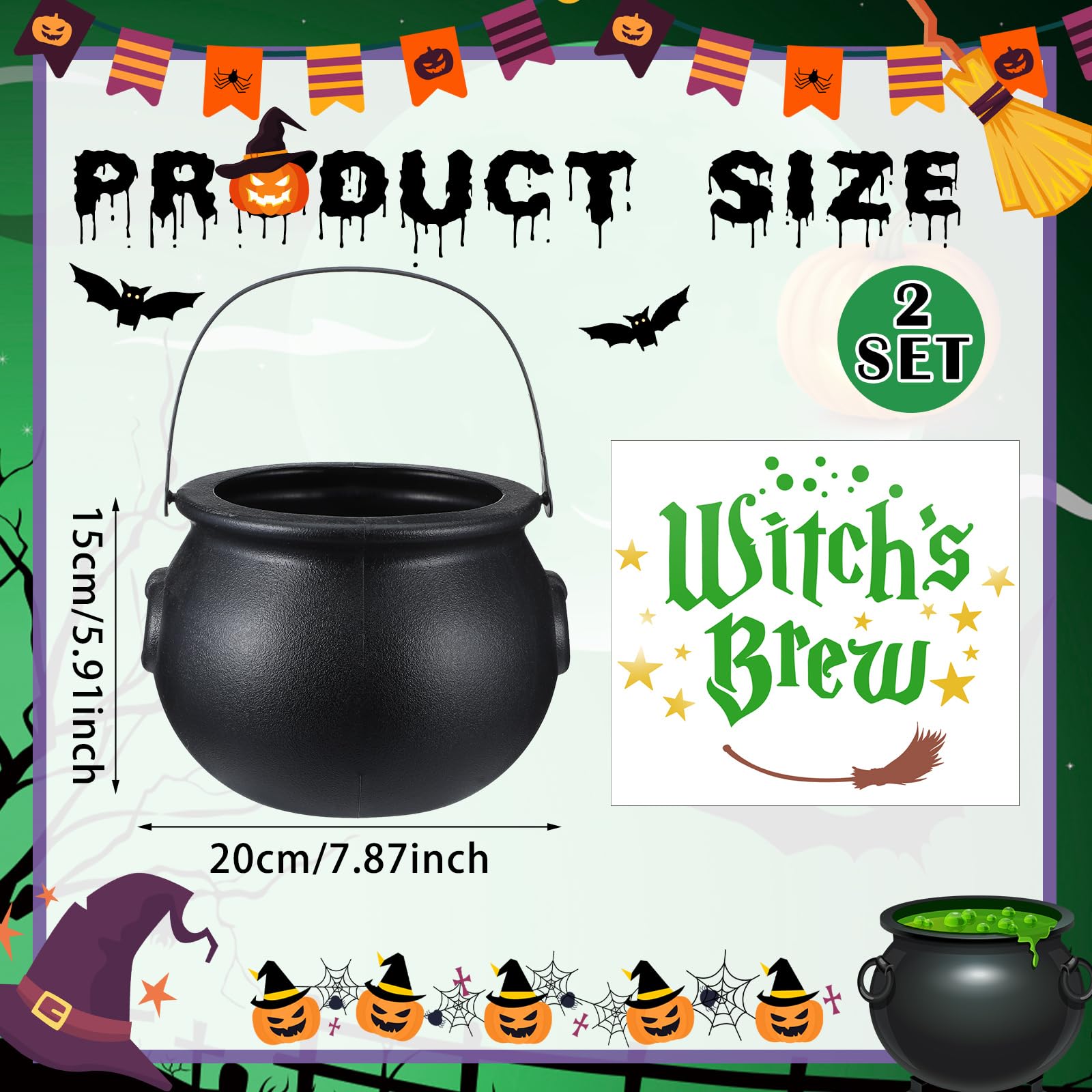 Hollowfly 8 x 6 Inch Halloween Cauldron Candy Bowl Witch Cauldron Kettle Black Cauldron Pot with Handle Plastic Cauldron with 2 Pcs Stickers Witch Candy Bucket for Halloween Party(Witch's Brew)