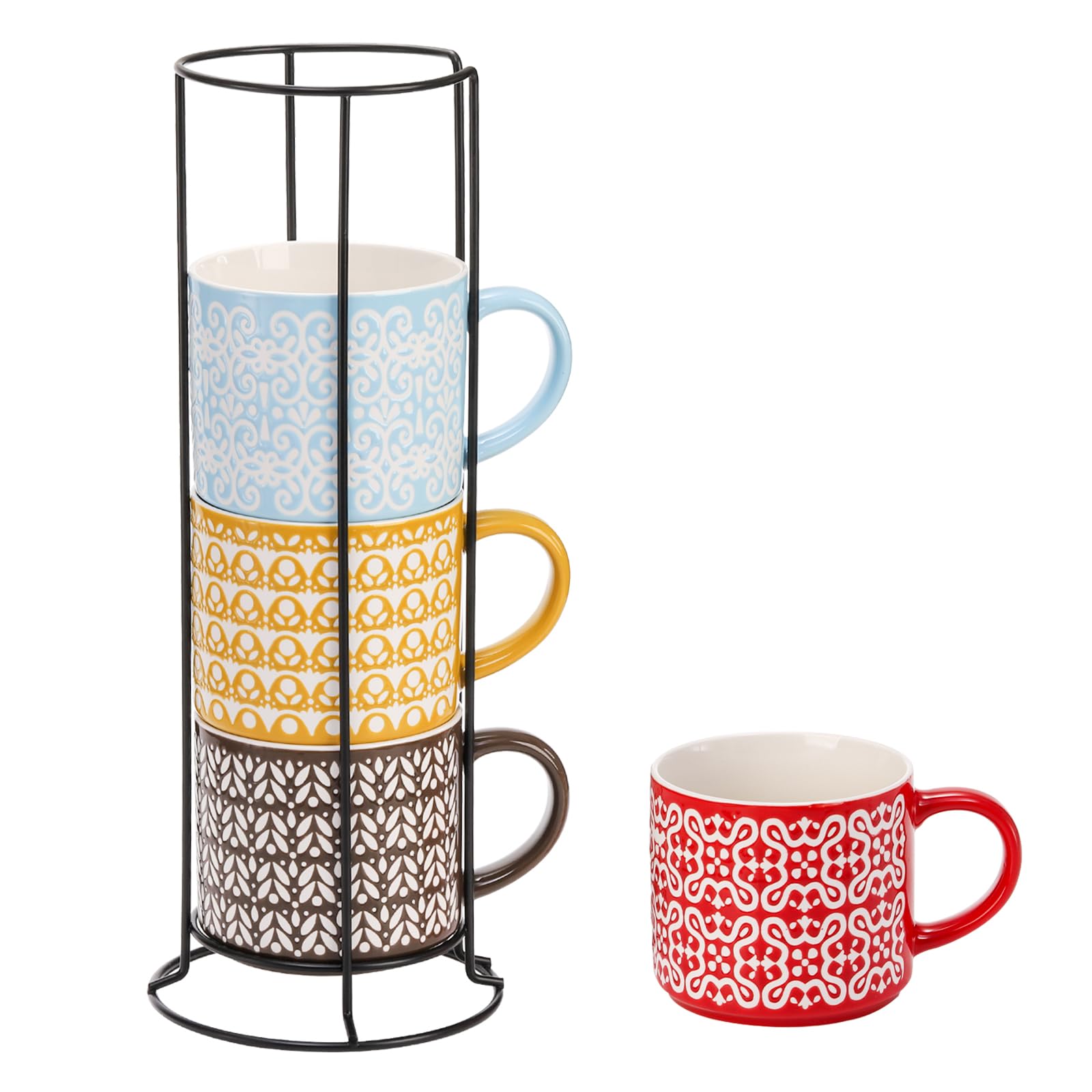 Hiceeden Set of 4 Stackable Coffee Mugs with Rack, 15 oz Colorful Ceramic Coffee Mugs with Metal Stand, Coffee Cup Set for Espresso, Cocoa, Latte, Americano, Cappuccino, Tea, Milk, Multi-colored