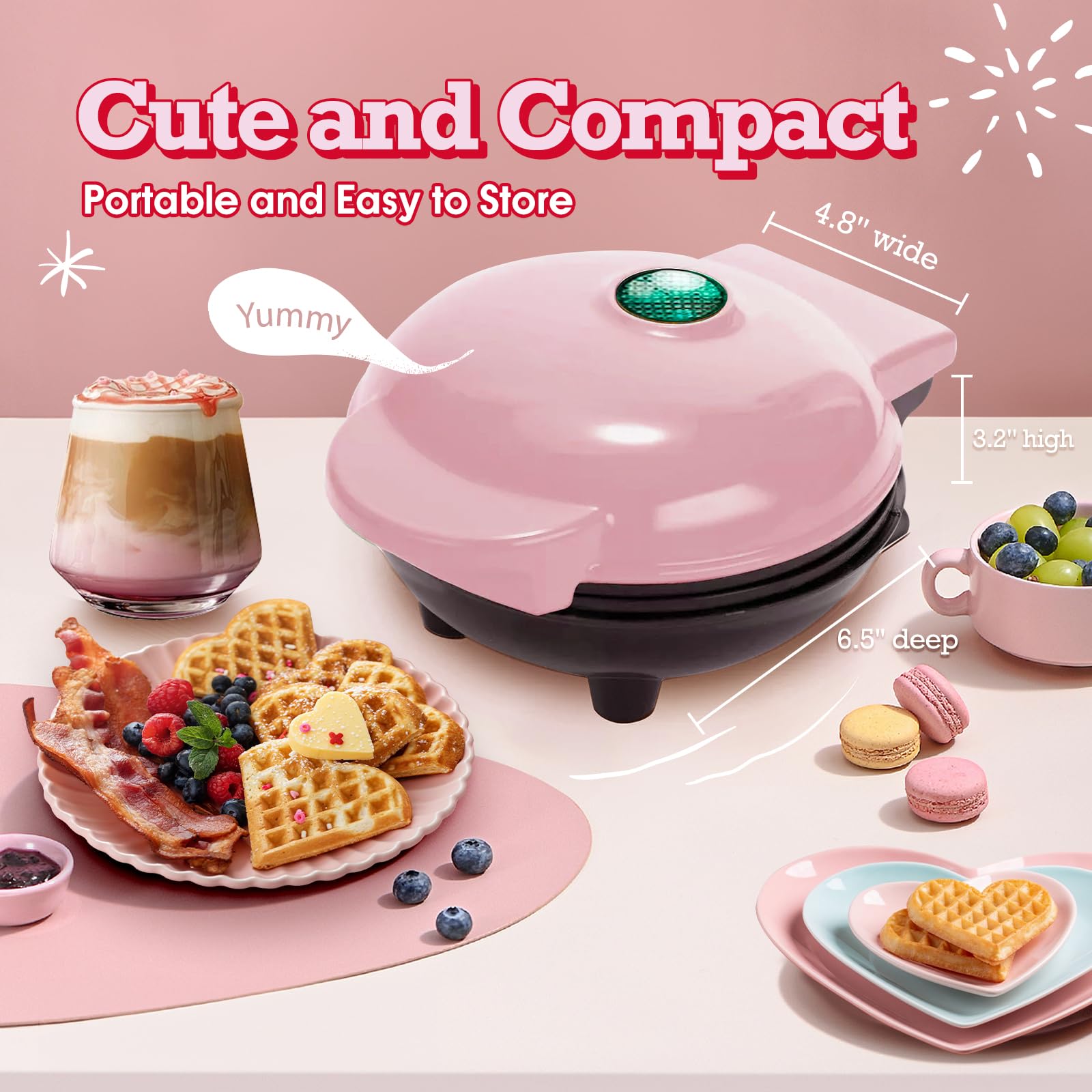 GVAKMM Mini Waffle Maker(Heart),Small Waffle Maker Keto,Mini Wafflera Iron for Kids Family and Individuals,4'' Non Stick Cooking Plates with Fast & Even Heating(Pink)