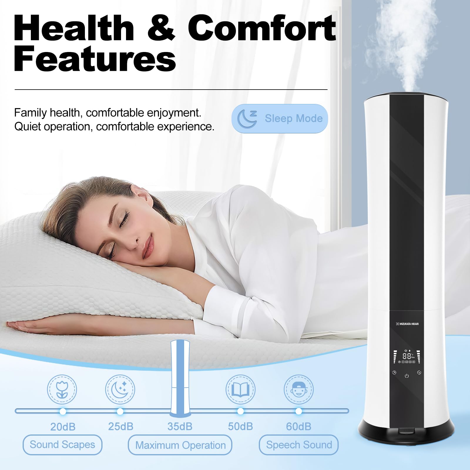 MIZUKATA HIKARI 6.5L Top-Fill Cool Mist Humidifier for large room/bedroom, Touch Screen, 55-Hour Operation, 8-Hour Timer, 3-Level Adjustable Mist, Auto Shutdown, Quiet Operation, Versatile Design