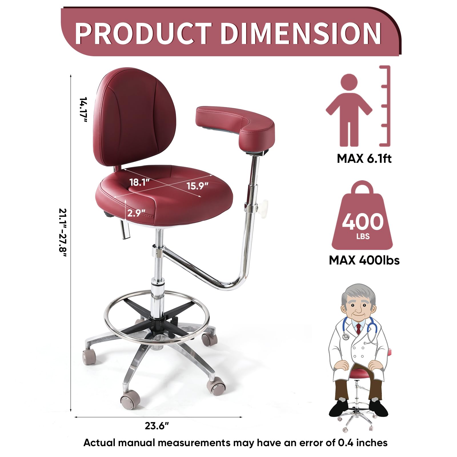 Viviange Ergonomic Dental Saddle Stool - Adjustable Rolling Dentist Chair with Back Support for Hygienists, Assistants - Medical Office & Salon Use -Red