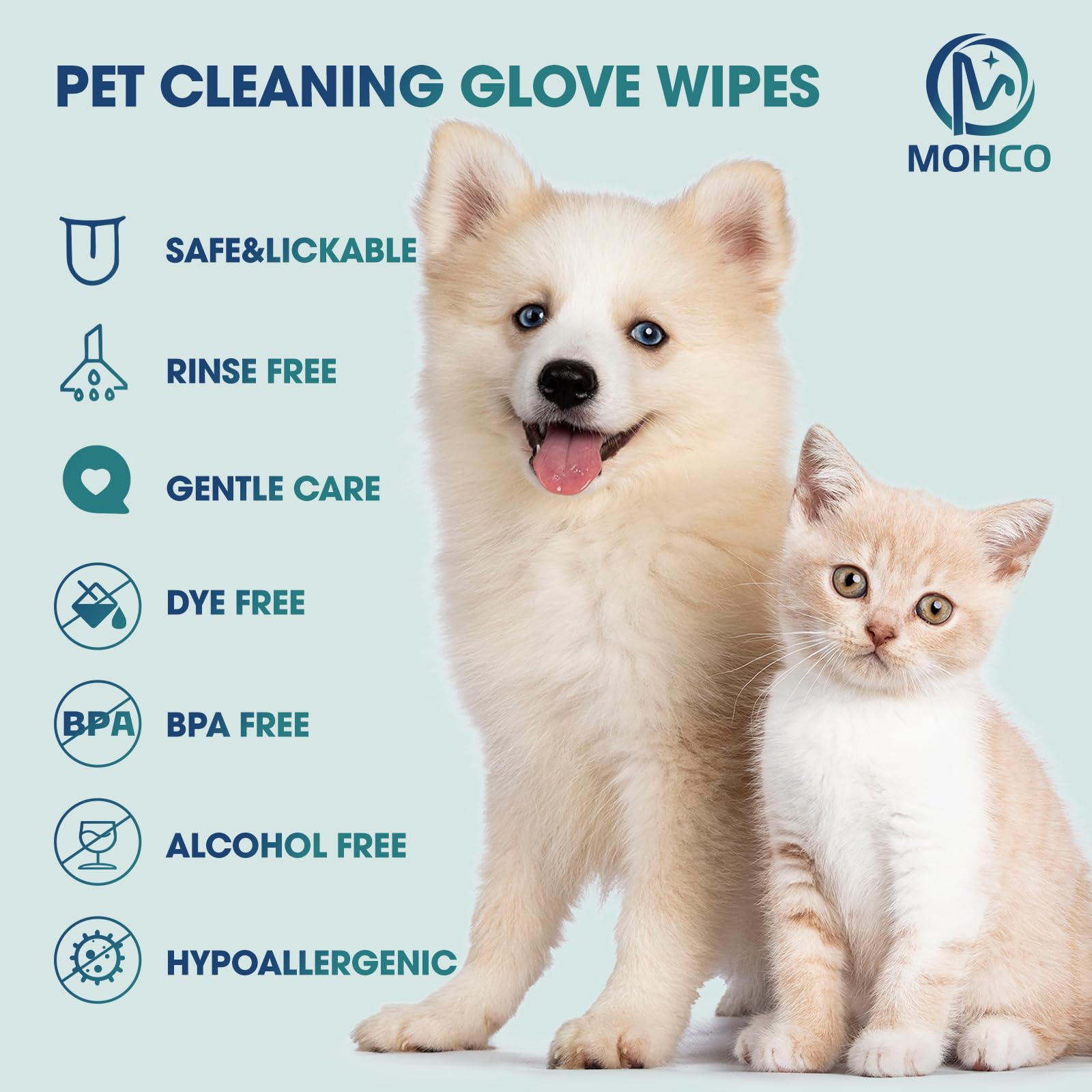 MOHCO 20 Pcs Pet Cleaning Glove Bathing Wipes for Dogs and Cats,No Rinse Cats Gloves Wipes,Pet Wipes for Paws, Butt, Face and Fur,Pet Bathing Gloves Wipes for Daily Care and Traveling