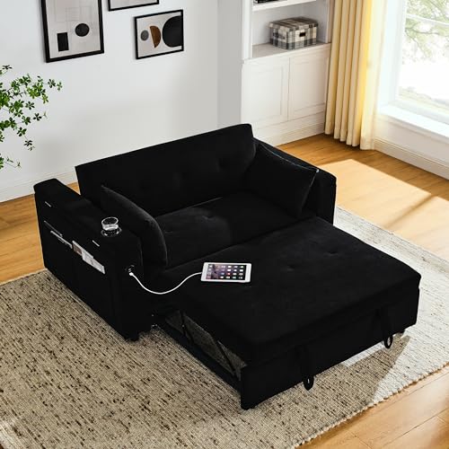 3 in 1 Convertible Sleeper Sofa Chair Bed, 54" Modern Chenille Futon Loveseat Pull Out Couch Bed with Cupholders and Hidden Storage Box , 2 Seater Love Seat Chaise Lounge Daybed for Living Room Office