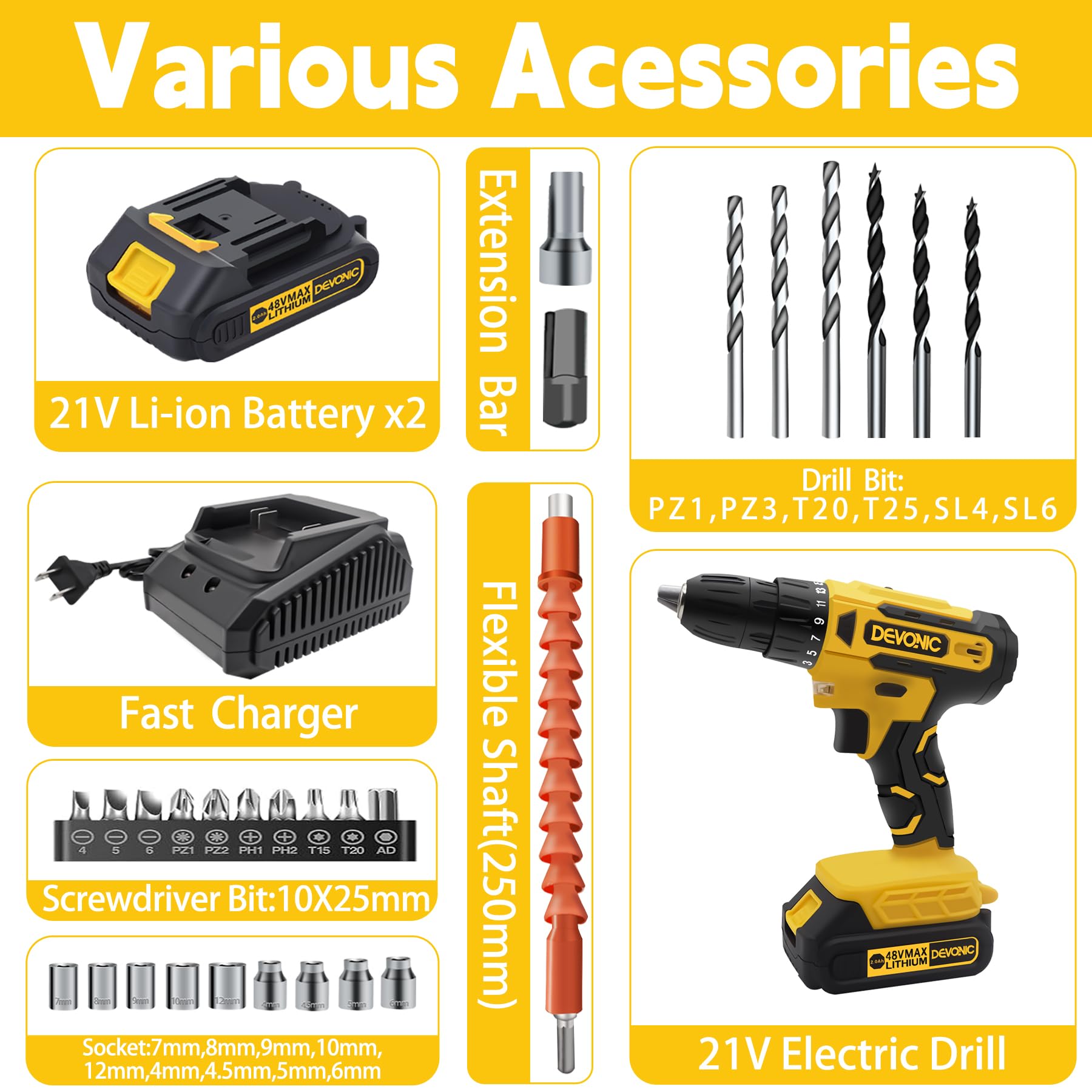 DEVONIC Cordless Drill Set,21V Electric Drill with 2 Lithium Battery and Charger,3/8"Keyless Chuck,25+1 Torque Setting and 28pcs Drill Screwdriver Bits