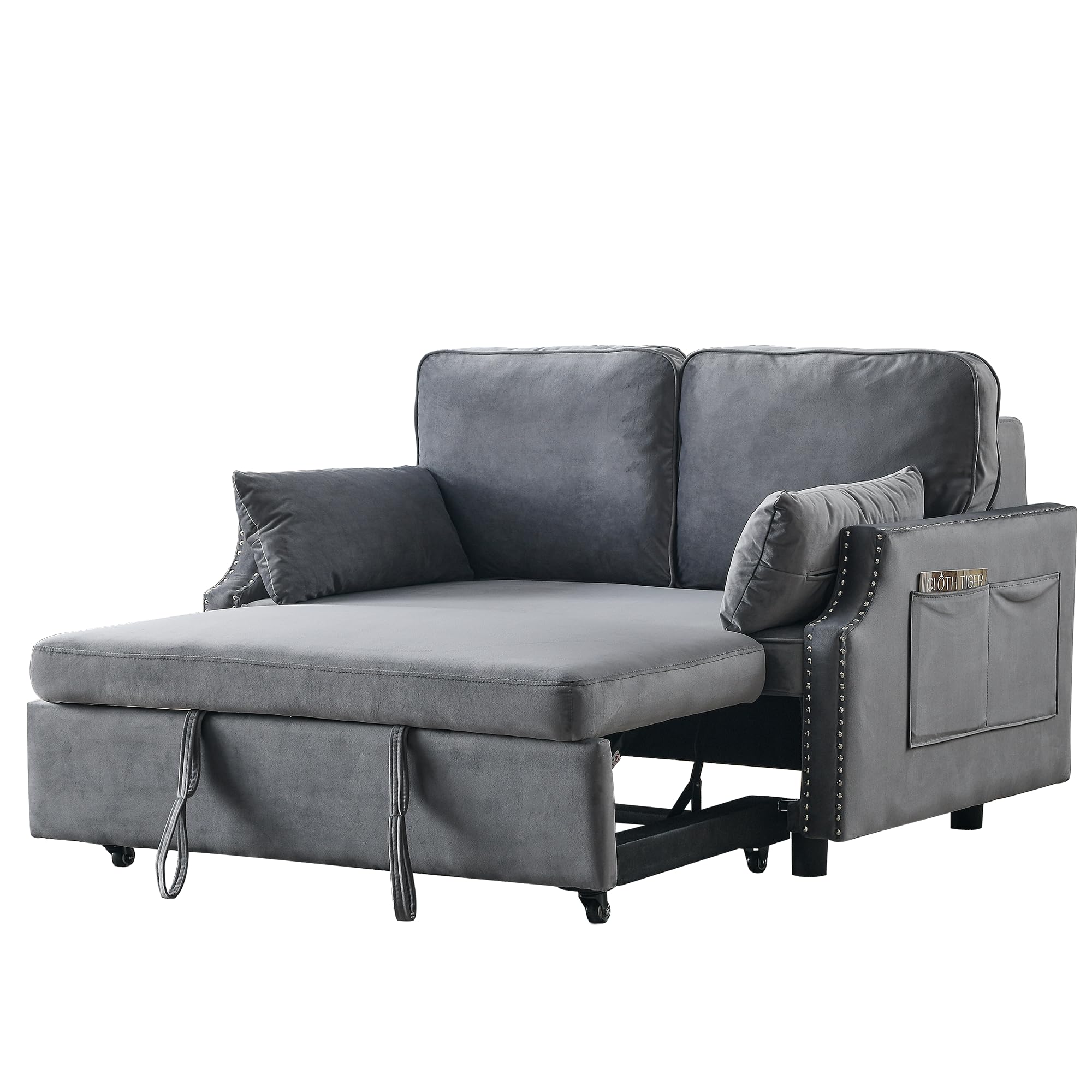 Sleeper Sofa Bed 3-in-1 Futon 2-Seater Loveseat with Nailhead Design and Side Storage Pockets,Soft Pillows,Multipurpose Velvet Sleeper Sofa Bed,Gray