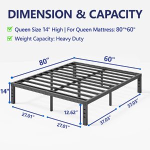 Furnitui 14 Inch High Metal Queen Bed Frame, Platform Bed Frame Queen Size No Box Spring Needed, Easy Assembly, Noise Free, Sturdy, Black