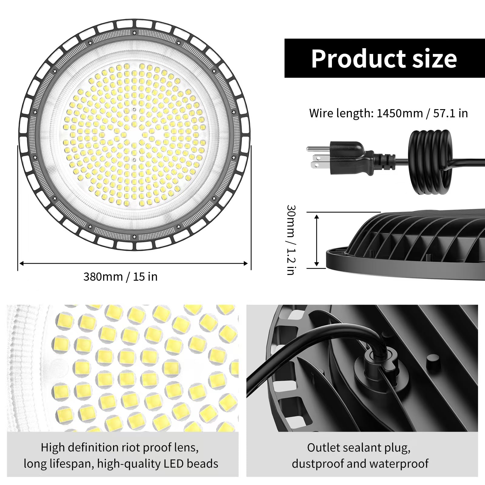 ROMMOR UFO LED High Bay Light 320W(1200W MH/HPS), 48000lm, 5000K Daylight High Bay LED Shop Lights with 5' Cable US Hook, IP65 Commercial Light Fixture for Warehouse Workshop Barn Factory