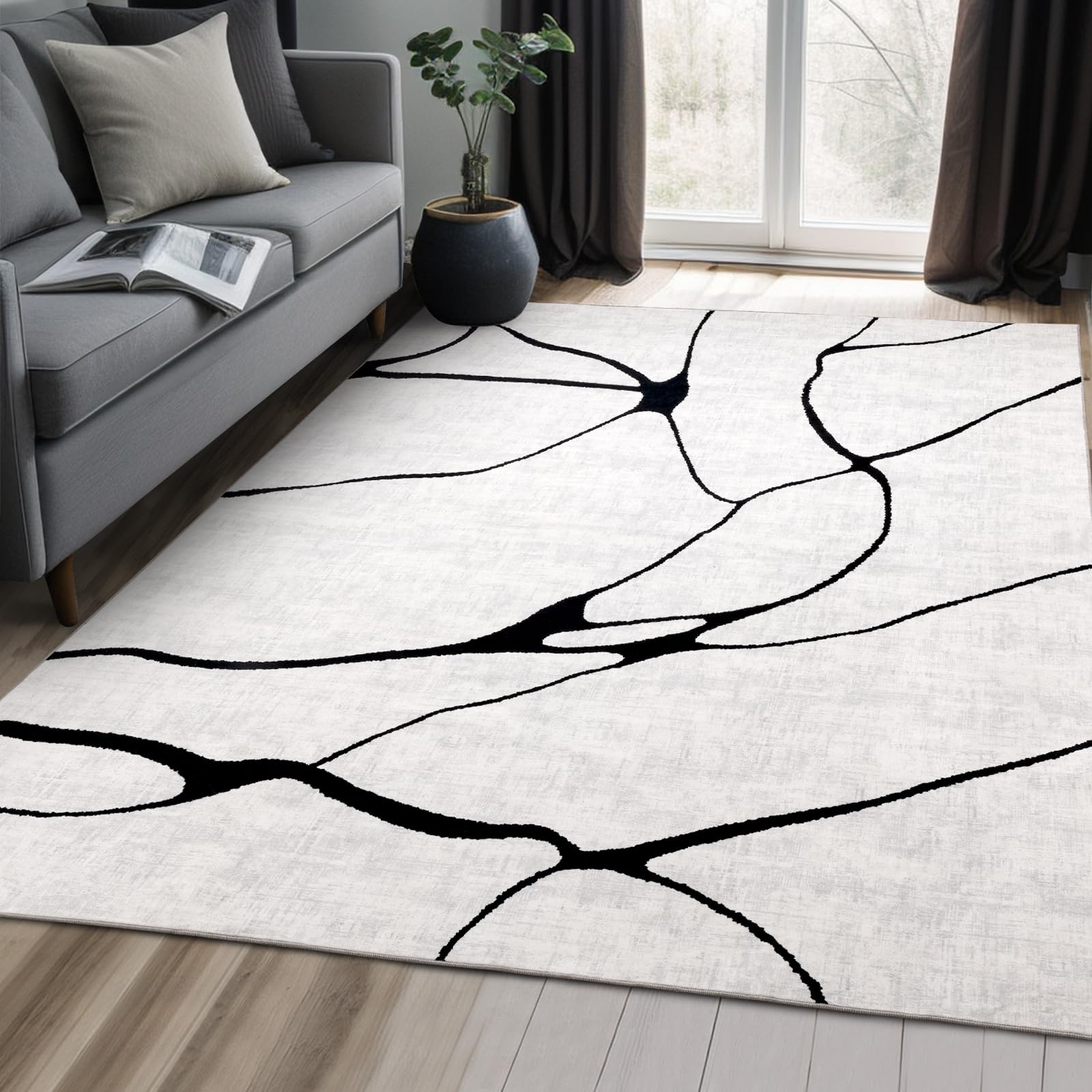 YIHOUSE Modern Washable 8'x10' Area Rug for Living Room Bedroom - Large Abstract Black and White Rug Non-Slip Ultra-Thin Home Decor,Warping,8x10ft