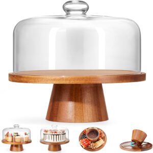 vivirbien wood glass cake stand with dome, 2-in-1 magnetic cake stand with lid-multifunctional cake plate with cover for birthday/kitchen/party/charcuterie board 11in