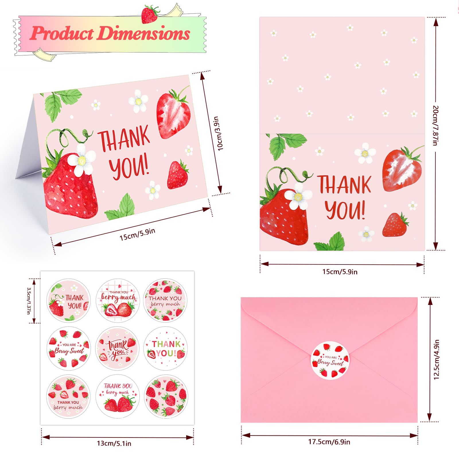 Konsait Strawberry Thank You Cards, 24 Pack Strawberry Theme Thank You Cards with Envelopes and Stickers, 6 Design Thank You Greeting Cards for Baby Shower Bridal Shower Wedding