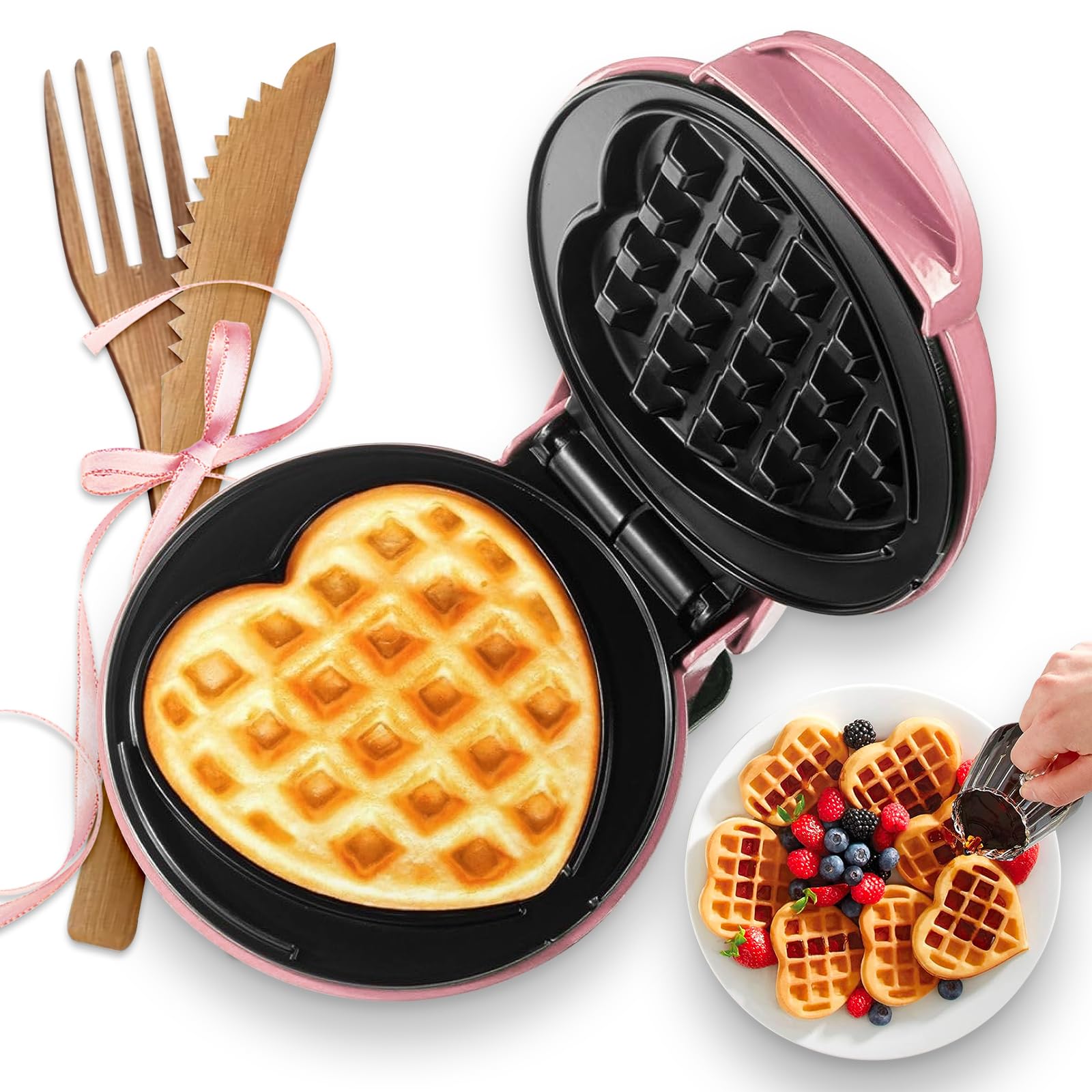 GVAKMM Mini Waffle Maker(Heart),Small Waffle Maker Keto,Mini Wafflera Iron for Kids Family and Individuals,4'' Non Stick Cooking Plates with Fast & Even Heating(Pink)