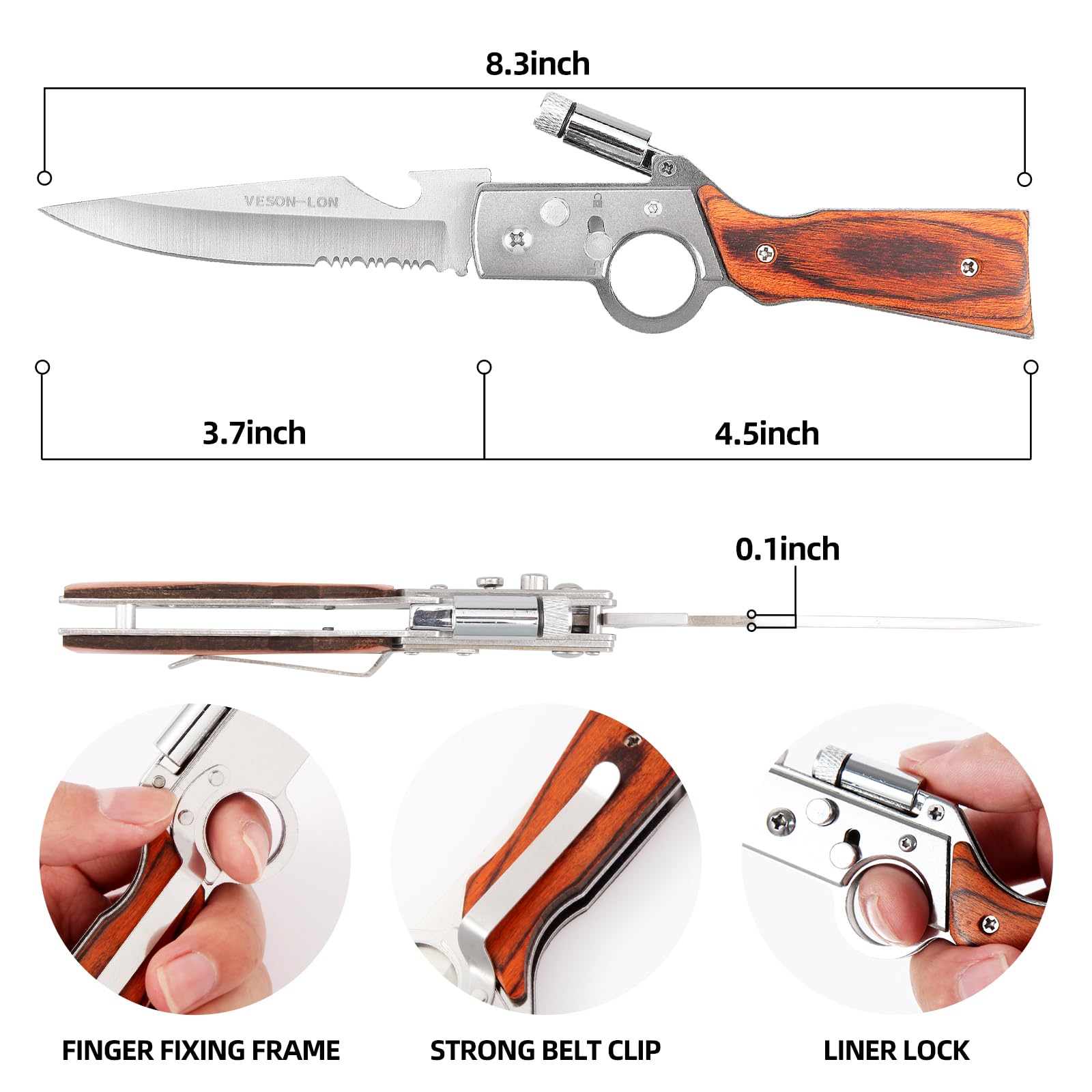 VESON-LON New Pocket Knife, AK 47 Folding Knife for Camping Hiking Tactical Knife and EDC, LED Light, Husband Birthday Present, With Flashlight for Men Women (Primary)