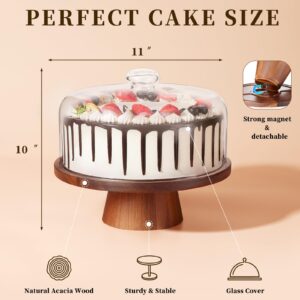 VIVIRBIEN Wood Glass Cake Stand with Dome, 2-in-1 Magnetic Cake Stand with Lid-Multifunctional Cake Plate with Cover for Birthday/Kitchen/Party/Charcuterie Board 11IN