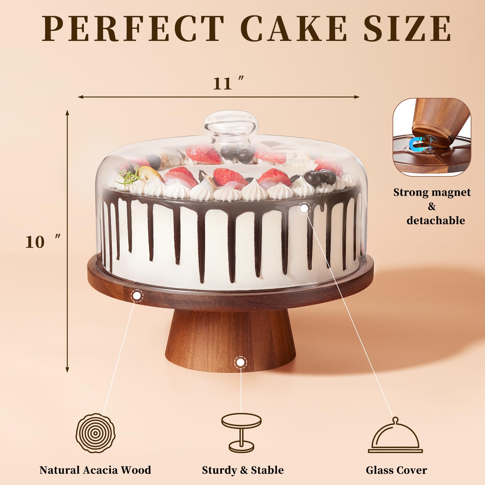 VIVIRBIEN Wood Glass Cake Stand with Dome, 2-in-1 Magnetic Cake Stand with Lid-Multifunctional Cake Plate with Cover for Birthday/Kitchen/Party/Charcuterie Board 11IN