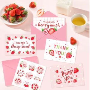 Konsait Strawberry Thank You Cards, 24 Pack Strawberry Theme Thank You Cards with Envelopes and Stickers, 6 Design Thank You Greeting Cards for Baby Shower Bridal Shower Wedding