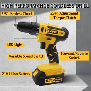 DEVONIC Cordless Drill Set,21V Electric Drill with 2 Lithium Battery and Charger,3/8"Keyless Chuck,25+1 Torque Setting and 28pcs Drill Screwdriver Bits