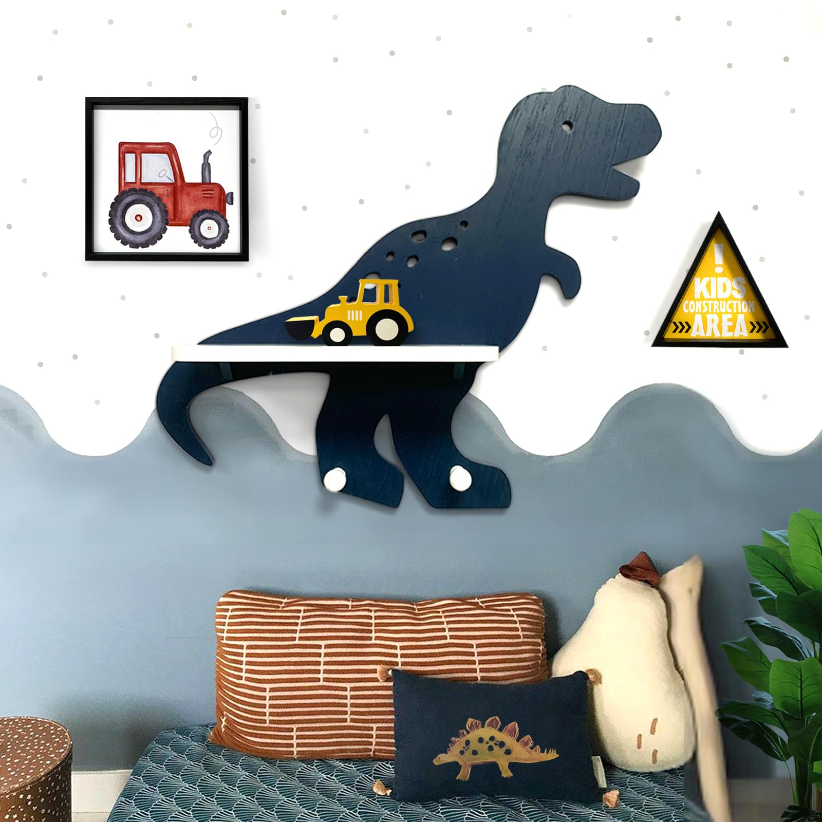 Dinosaur Wooden Wall Shelf Parlor Boudior Children's Decorative Dinosaur Wall Shelf with Hanging Pegs