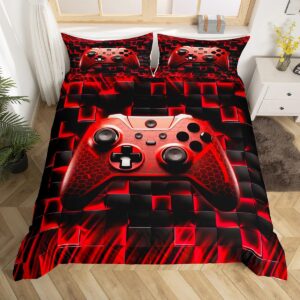 Geometric Gamepad Kids Duvet Cover Set Queen Size,Honeycomb Squares Grids Ombre Gamers Bedding Set,Boys Men Room Decor,Gaming Videogame Controller Comforter Cover,Red Quilt Cover,2 Pillowcases