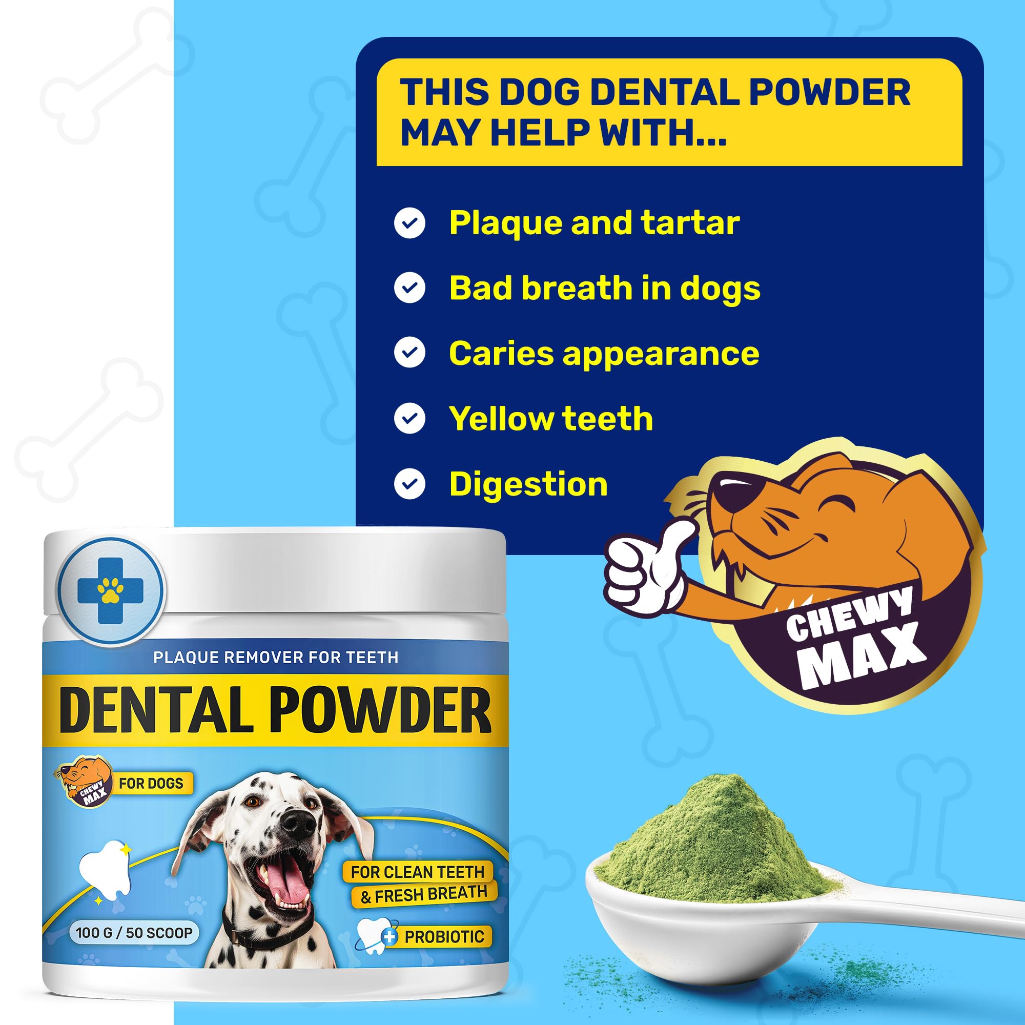 Dog Teeth Cleaning | Dental Powder with Dog Probiotics for Digestive Health | Dog Breath Freshener | Plaque Off Powder Dog & Puppies | Dog Dental Powder with Valerian Flavor | 100 G