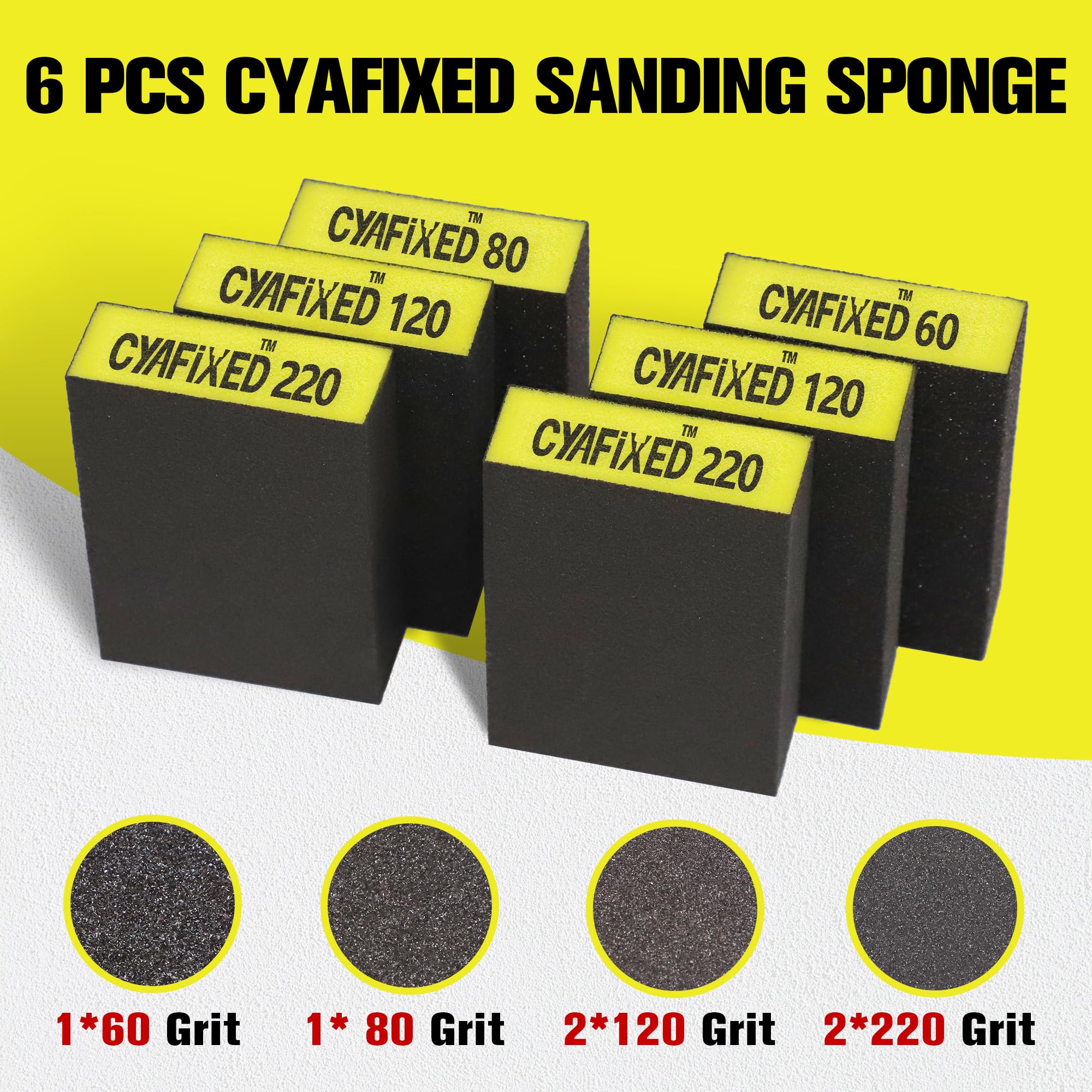 CYAFIXED Sanding Sponge, 60 80 120 220 Coarse Medium Fine Grit Sanding Block, Washable & Reusable Sandpaper Block for Pot Brush Pan Brush Sponge Brush Glasses Sanding Wood Sanding Metal Sanding 6 Pcs