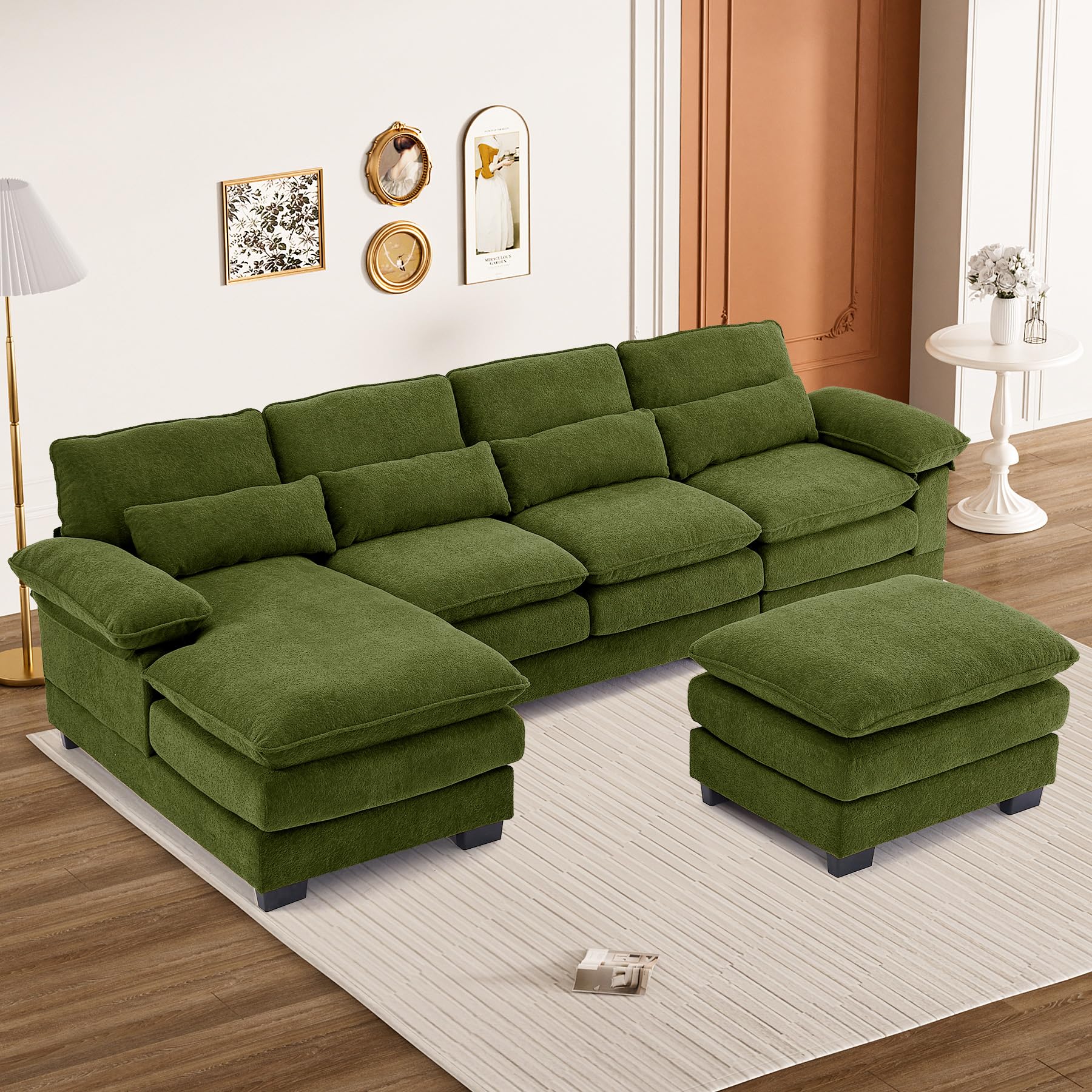 Nolohoo U Shape Sectional Sofa Cloud Couch for Living Room, 114" Comfy Chenille Modular Deep Seat Sofa, Modern 4 Seat Large Fluffy Couch with Lounge Chaise Ottoman Pillows, Emerald Green