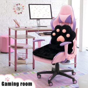 QIUODO L-Shape Cat Paw Cushion, Faux Rabbit Fur Gaming Chair Cushion Soft, Gaming Chair Pillow Kawaii Chair Cushions for Office Desk, Comfy Plush Seat Cushion for Room Decor（Black）