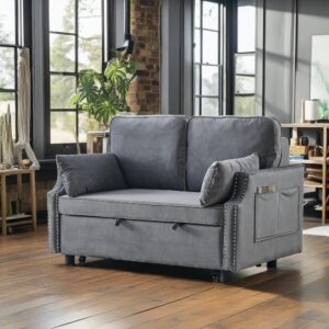 Sleeper Sofa Bed 3-in-1 Futon 2-Seater Loveseat with Nailhead Design and Side Storage Pockets,Soft Pillows,Multipurpose Velvet Sleeper Sofa Bed,Gray