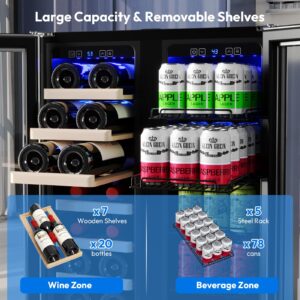 Empava Wine and Beverage Refrigerator Cooler Dual Zone 24 inch, Built-in Counter or Freestanding Fridge with Glass Door and LED Light, 96 Cans and 33 Bottles Capacity, Silver