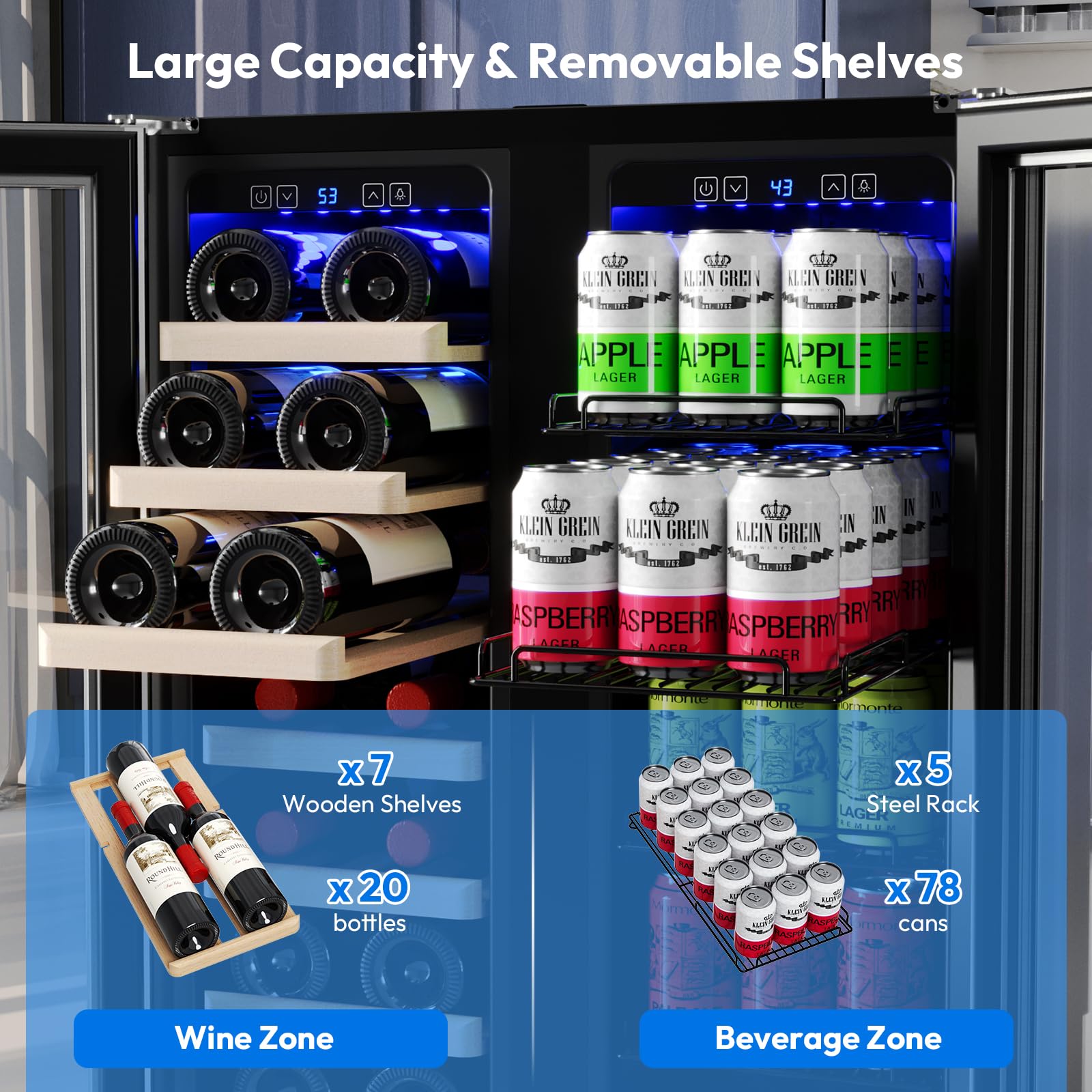 Empava Wine and Beverage Refrigerator Cooler Dual Zone 24 inch, Built-in Counter or Freestanding Fridge with Glass Door and LED Light, 96 Cans and 33 Bottles Capacity, Silver