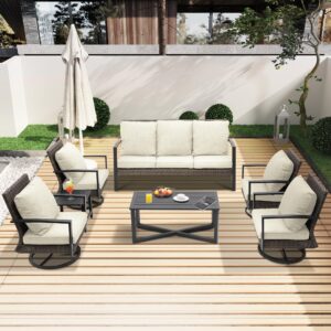 RoyalCraft 7PCS Rattan Patio Conversation Set with Swivel Chair and Coffee Table, All Weather Outdoor Sofa with Removable Cushions & Metal Frame, Rocking Chairs for Lawn Garden Backyard, Beige