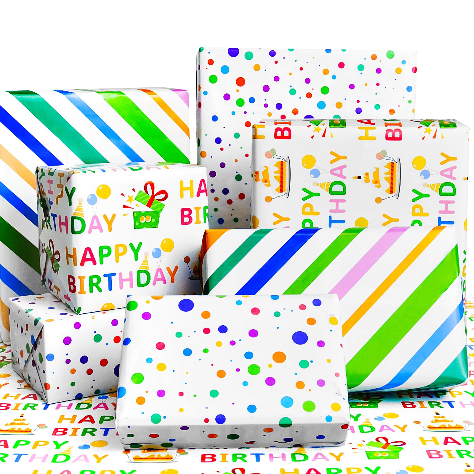 Isaspire Birthday Wrapping Paper Folder Set - 12 Sheets, 20x29 Inch Each, Adorned with Polka Dots, Stripes & 'Birthday' Charms for Boys, Girls, Women, Men, Ideal Gift Wrap for Holiday Birthday Party