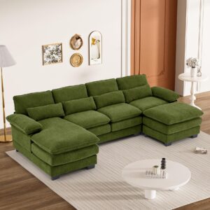 nolohoo u shape sectional sofa cloud couch for living room, 114" comfy chenille modular deep seat sofa, modern 4 seat large fluffy couch with lounge chaise ottoman pillows, emerald green