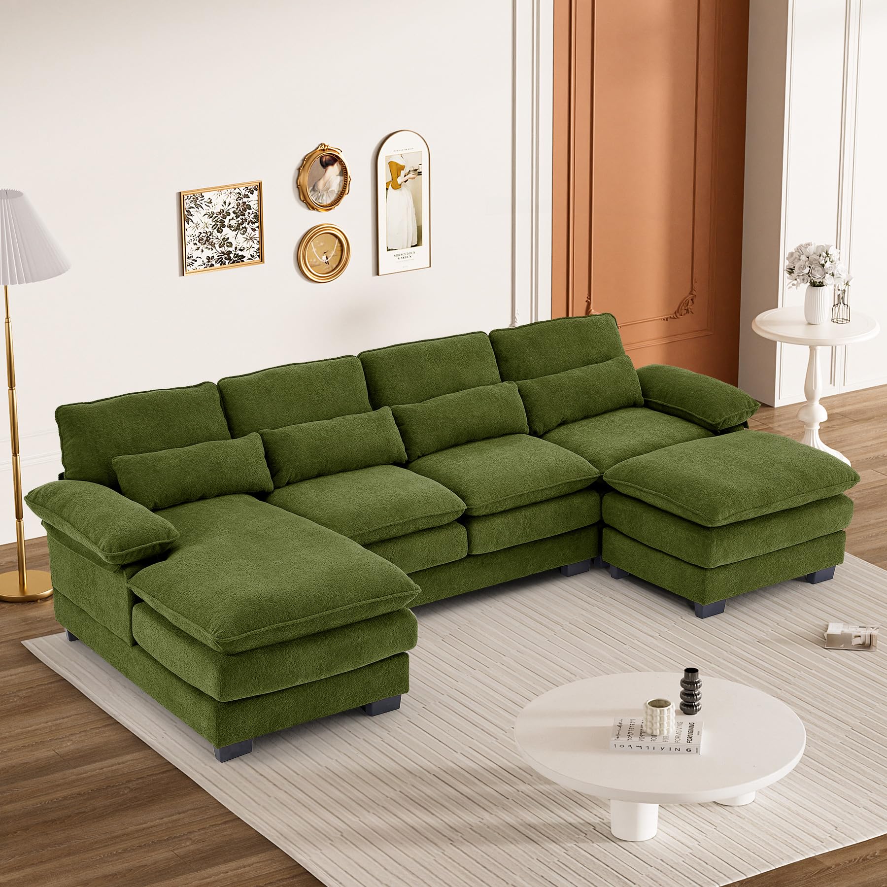 Nolohoo U Shape Sectional Sofa Cloud Couch for Living Room, 114" Comfy Chenille Modular Deep Seat Sofa, Modern 4 Seat Large Fluffy Couch with Lounge Chaise Ottoman Pillows, Emerald Green