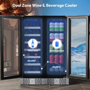 Empava Wine and Beverage Refrigerator Cooler Dual Zone 24 inch, Built-in Counter or Freestanding Fridge with Glass Door and LED Light, 96 Cans and 33 Bottles Capacity, Silver