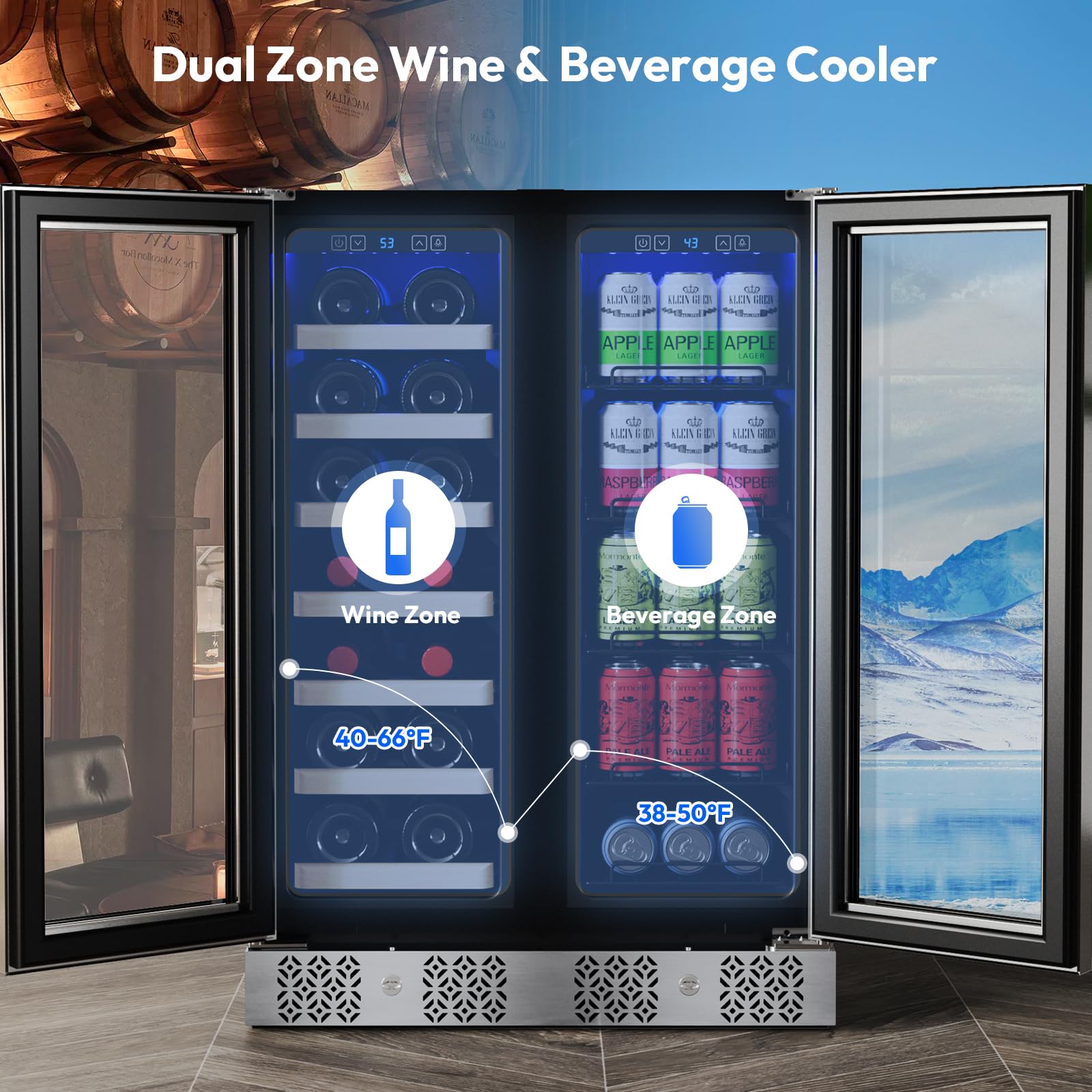 Empava Wine and Beverage Refrigerator Cooler Dual Zone 24 inch, Built-in Counter or Freestanding Fridge with Glass Door and LED Light, 96 Cans and 33 Bottles Capacity, Silver