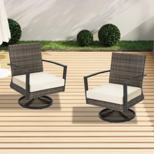 RoyalCraft Patio Swivel Dining Chairs with 360-Degree Rotating, All Weather Rattan Chairs with Water-Resistant Cushions & Metal Frame, Modern Outdoor Rocking Chair for Porch, Bistro, Balcony, Beige