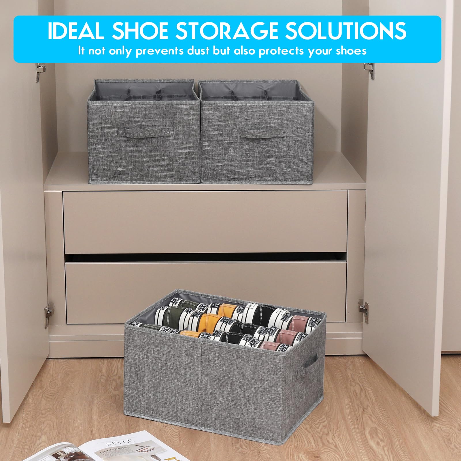 YWPXSN 2 Pack Shoe Organizer for Closet - Fits up to 24 Pairs, Fabric Shoe Storage Bins, Cube Storage Cabinet Foldable Shoes Container with Reinforced Handles (Dark Grey, 16.5"x12.6"x9.5")