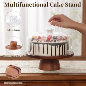 VIVIRBIEN Wood Glass Cake Stand with Dome, 2-in-1 Magnetic Cake Stand with Lid-Multifunctional Cake Plate with Cover for Birthday/Kitchen/Party/Charcuterie Board 11IN