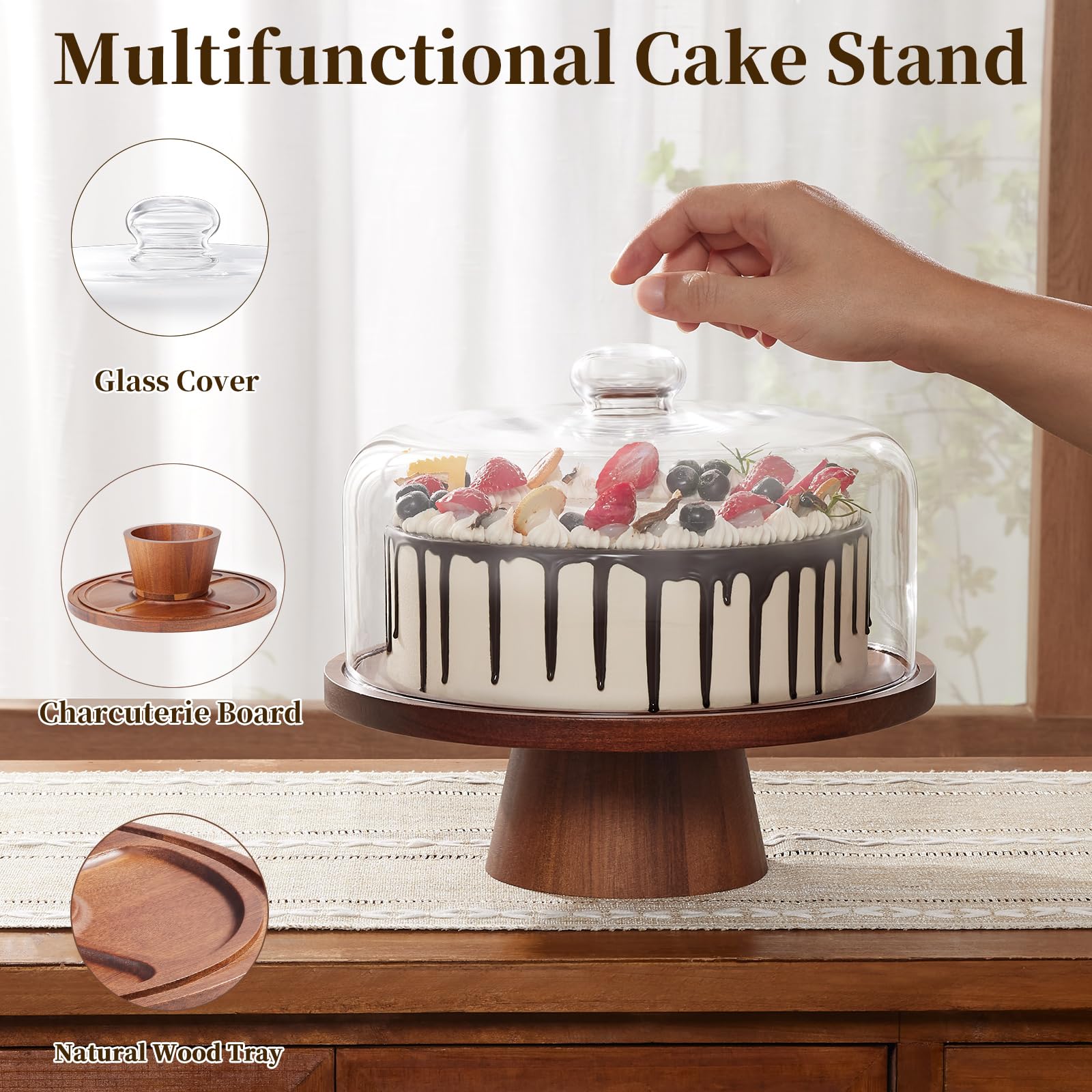 VIVIRBIEN Wood Glass Cake Stand with Dome, 2-in-1 Magnetic Cake Stand with Lid-Multifunctional Cake Plate with Cover for Birthday/Kitchen/Party/Charcuterie Board 11IN