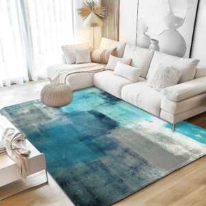 teal and grey area rug 5x7, washable large rugs for living room, ultra soft non-slip bedroom rug abstract art painting farmhouse carpet rug for dining room dorm office home decor