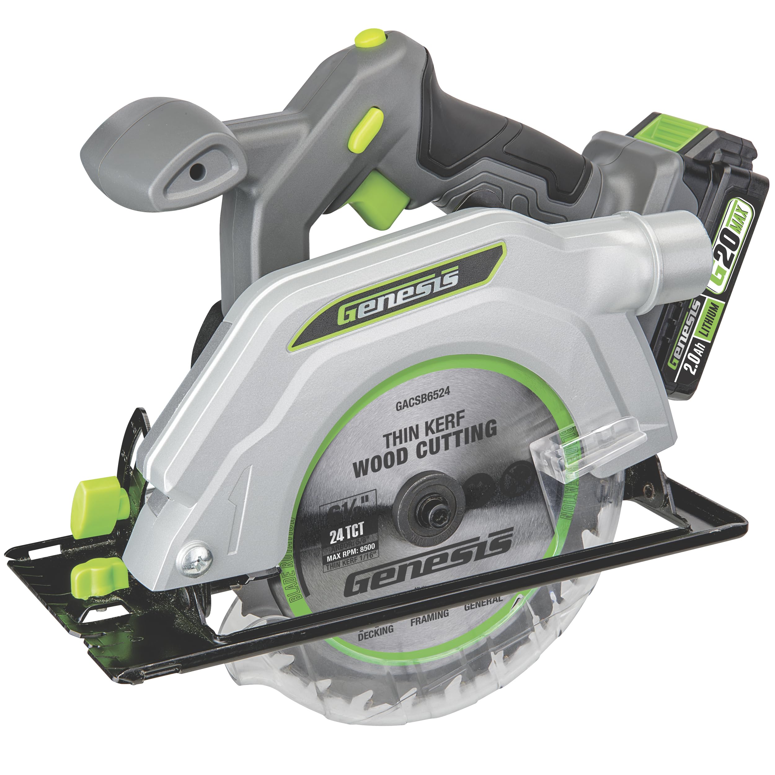 Genesis G20MAX 20V Cordless Circular Saw 6-1/2 inch with Laser & LED Light, Includes 24TCT thin-kerf blade, 2.0Ah Battery and Charger, 2 Year Warranty (GLCS2065B)